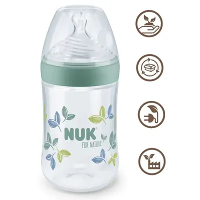 Biberon cu tetina de silicon si control temperatura Nuk For Nature 260 ml M 0-6 luni