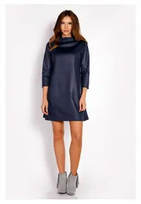 Rochie Dama - L006 - Trapez Mini - Decolteu Tip Cascada - Maneci 3/4 - Usor Evazata - Tesatura Confortabila cu Vascoza si Elastan - Eleganta - Ideala Intalniri - Gri - Albastru inchis