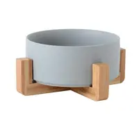 Bol ceramic pentru pisici, cu suport de lemn, gri, 12.8 cm