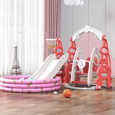 Spatiu de joaca 3 in 1 Nichiduta Garden Tower Arcada Red cu Leagan convertibil, Tobogan cu trepte late, Margini rotunjite, Piscina cu 200 bile joaca incluse, Cos de baschet cu Minge