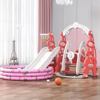 Spatiu de joaca 3 in 1 Nichiduta Garden Tower Arcada Red cu Leagan convertibil, Tobogan cu trepte late, Margini rotunjite, Piscina cu 200 bile joaca incluse, Cos de baschet cu Minge