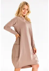 Rochie midi casual cu maneci lungi - Latte