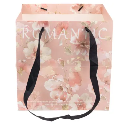 Sacoșă pătrată cu mesaj și mâner textil - roz (set 10 buc) 27.5x27.5cm - Default Title