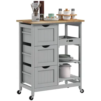 HOMCOM Carucior Auxiliar cu Roti Carucior de Bucatarie cu 3 Sertare 2 Rafturi Deschise si Tava Detasabila 67x37x85,5 cm Gri | Aosom Romania