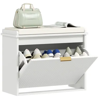 HOMCOM Banc pentru pantofi cu pernă șezut căptușit și sertar rabatabil pentru hol, cameră, 62 x 26 x 47,5 cm, alb | Aosom Romania