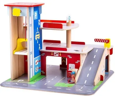 Garaj din lemn Bigjigs - Parcheaza si joaca-te, cu 3 etaje