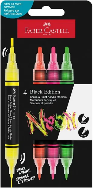 Set de markere acrilice cu două capete Faber-Castell Black Edition - 4 culori neon