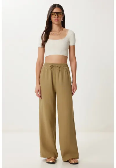 Pantaloni dama - Happiness Istanbul - talie cu snur - verde - bumbac