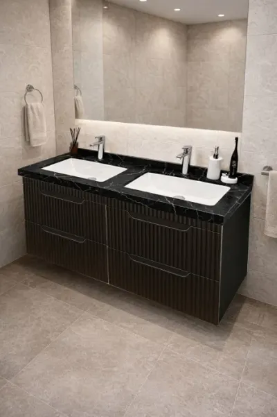 Set Baza front MDF si Lavoar seria 833, suspendata, cu sertare, montat, 120 cm, negru