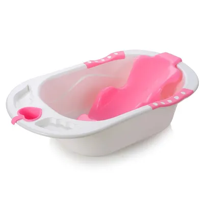 Cadita bebelusi Little Mom Angel Pink cu reductor detasabil ergonomic cu fixare in ventuze inclus, echipata cu manere antiderapante, Dop de scurgere, 88 x 51 x 22 cm