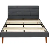 HOMCOM Pat tapițat 140x200 cm cu tăblie capitonată tip plasă Depozitare inferioară Lamele din lemn Gri | Aosom Romania