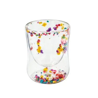 Pahar cu inserție de flori uscate multicolor, floarea miresei, pereți dubli, sticlă borosilicată, 200 ml, Aurora Bloom