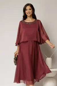 Rochie midi caramizie de ocazie din voal cu aplicatii la decolteu