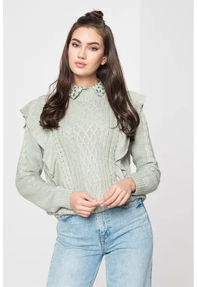 Pulover cu torsade si volane - Verde pal
