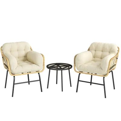 Outsunny Set mobilier exterior 3 piese din rășină împletită, masă din sticlă securizată, 2 fotolii cu perne, 62x73x79cm, Kaki | Aosom Romania