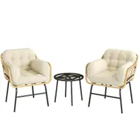 Outsunny Set mobilier exterior 3 piese din rășină împletită, masă din sticlă securizată, 2 fotolii cu perne, 62x73x79cm, Kaki | Aosom Romania