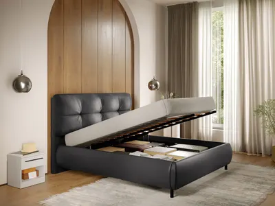Pat Tapitat cu somiera rabatabila - Piele Neagra - Ramses 160x200