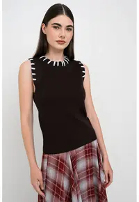 Pulover fara maneci cu guler rotund - Maro inchis/Albastru lavanda