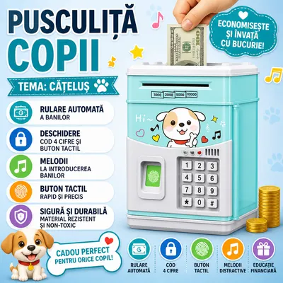 Pusculita pentru copii tip seif, Cod pin si amprenta, Muzica, Rulare automata a banilor, Bleu