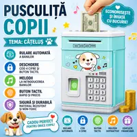 Pusculita pentru copii tip seif, Cod pin si amprenta, Muzica, Rulare automata a banilor, Bleu