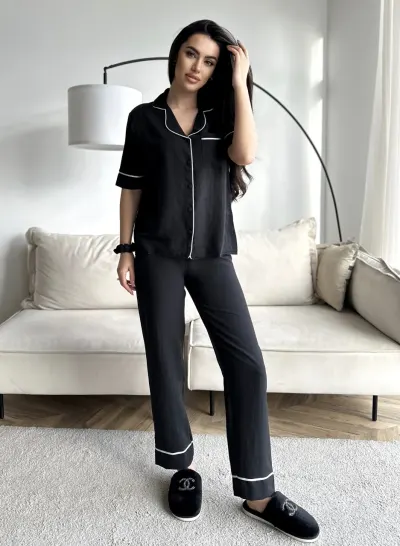 Set pijama dama din doua piese, cu nasturi – 2300134, Negru