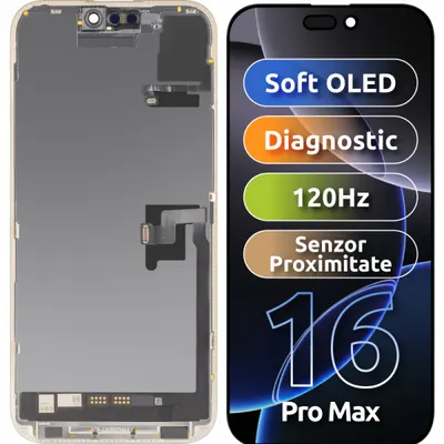 Display cu Touchscreen si Senzor Proximitate MP compatibil cu Apple iPhone 16 Pro Max, cu Rama, Versiune Soft OLED FHD 120Hz Diagnostic, Negru