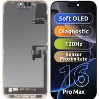 Display cu Touchscreen si Senzor Proximitate MP compatibil cu Apple iPhone 16 Pro Max, cu Rama, Versiune Soft OLED FHD 120Hz Diagnostic, Negru