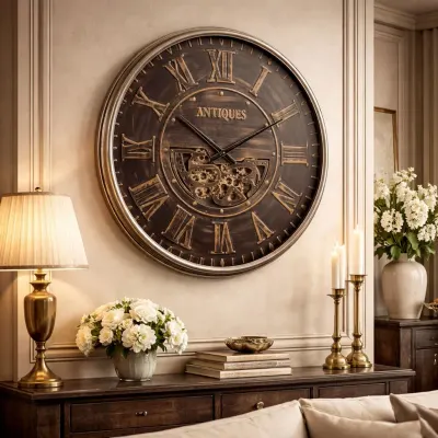 Ceas de perete decorativ industrial 50 cm mecanism rotativ vizibil stil vintage
