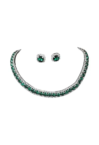 Set colier choker si cercei - argintiu - cu pietre verzi din zirconiu - Nicklas C1