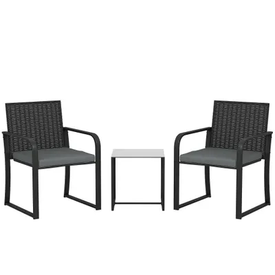 Outsunny Set de mobilier de grădină din ratan sintetic cu 2 scaune cu perne și masă cu blat din sticlă, gri | Aosom Romania