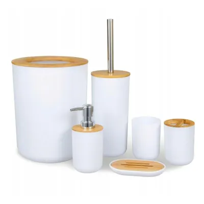 Set accesorii de baie Jumi, 6 piese alb cu accente din bambus, design modern