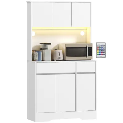 HOMCOM Bufet de bucătărie mobilier de bucătărie înălțat cu lumină LED RGB, blat de lucru, 6 uși, 2 sertare, alb | Aosom Romania