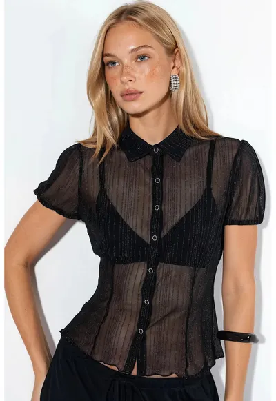 Camasa dama - maneca scurta - neagra - poliamida si elastan - croiala regular
