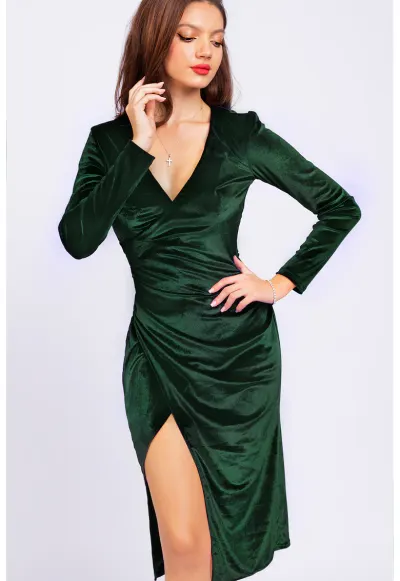 Rochie cu model cambrat si slit lateral - Verde inchis