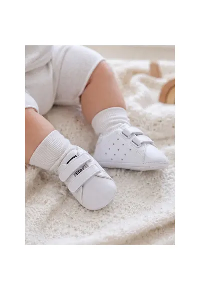 Pantofi bebelusi albi tip sneakers cu arici talpa moale antiderapanta