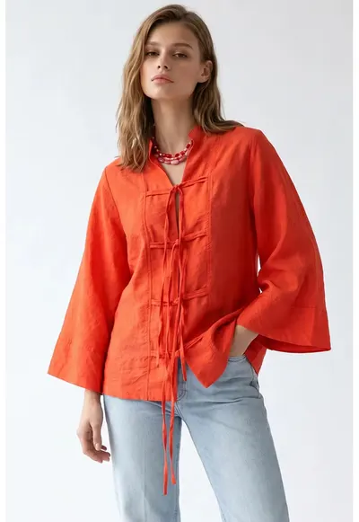 Bluza dama - bluza din bumbac - maneca lunga - portocaliu stralucitor - detalii cu snur