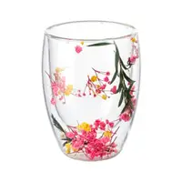Pahar cu inserție de flori uscate galben, roz și verde, floarea miresei, pereți dubli, sticlă borosilicată, 300 ml, Aurora Bloom