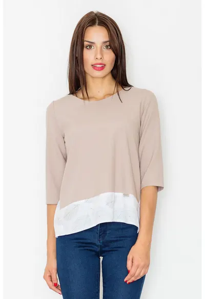 Bluza dama - Maneci trei sferturi - Poliester - Bej/Alb