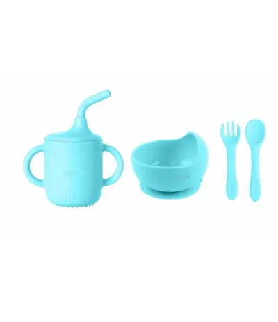 Set Engros de 4 piese diversificare din silicon: Cana cu pai, bol , lingurita si furculita, blue, U-Grow