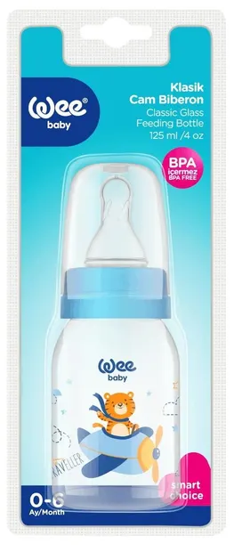 Biberon din sticla Wee Baby Classic - 125 ml, cu un tigru și un avion