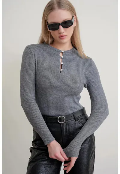 Pulover dama - slim fit - gri - tricot