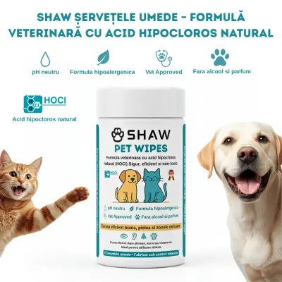 SHAW Pet Wipes cu acid hipocloros, șervețele umede câini și pisici, hipoalergenic, flacon, 72buc