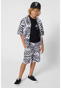 Camasa din bumbac cu imprimeu tropical - Negru stins/Alb optic