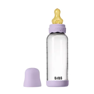 Set complet biberon Boheme din sticla anticolici cu tetina din latex, flux mediu, 240 ml, Violet Sky