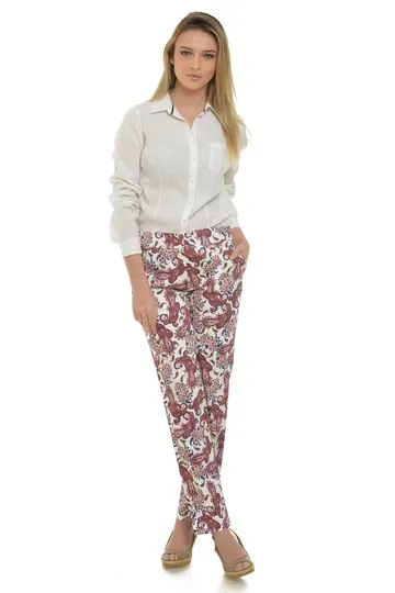 Pantaloni D03 alb/rosu imprimat, Eranthe | marimea S