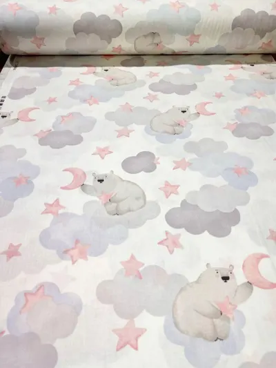 Cearsaf pentru pat copii Nichiduta Bear cloud pink 120x60 cm din bumbac cu banda elastica roata