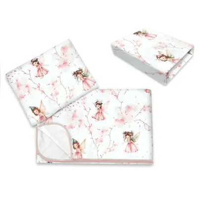 Lenjerie pat junior cu 3 piese, Qmini, Cu cearceaf 160x80 cm, Din bumbac certificat Oeko Tex Standard 100, Cu paturica si pernuta, Fairy Pink