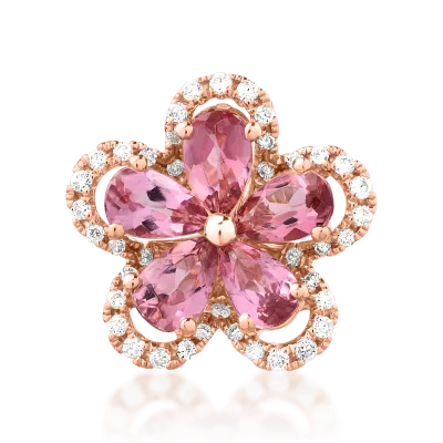 Pandantiv floare din aur roz cu turmaline roz pear de 1ct si diamante de 0.1ct