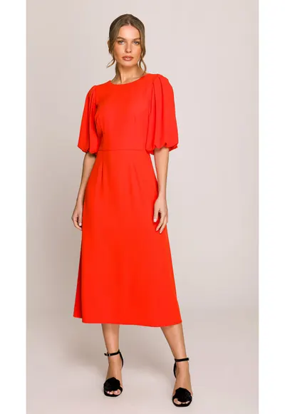 Rochie cu maneci bufante - - Rosu vermillion