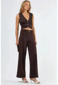 Pantaloni dama talie inalta - croiala dreapta - maro - poliester